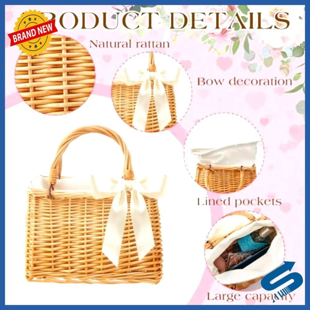 Handwoven Rattan Tote Bag Boho Beach Wedding Accessory Lightweight Woven